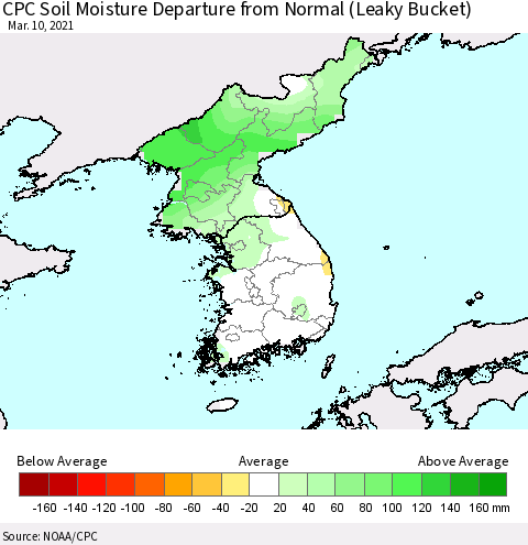 Korea CPC Calculated Soil Moisture Anomaly (Leaky Bucket) Thematic Map For 3/6/2021 - 3/10/2021