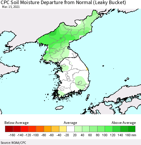 Korea CPC Calculated Soil Moisture Anomaly (Leaky Bucket) Thematic Map For 3/11/2021 - 3/15/2021