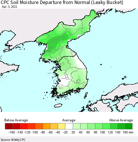 Korea CPC Soil Moisture Departure from Normal (Leaky Bucket) Thematic Map For 4/1/2021 - 4/5/2021