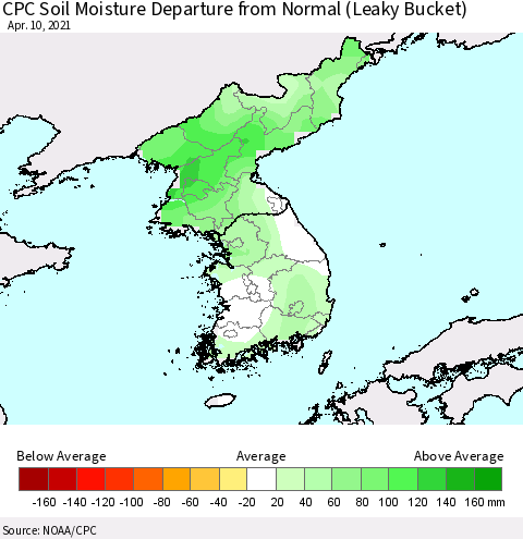Korea CPC Calculated Soil Moisture Anomaly (Leaky Bucket) Thematic Map For 4/6/2021 - 4/10/2021