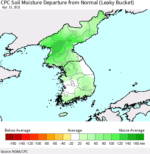 Korea CPC Soil Moisture Departure from Normal (Leaky Bucket) Thematic Map For 4/11/2021 - 4/15/2021