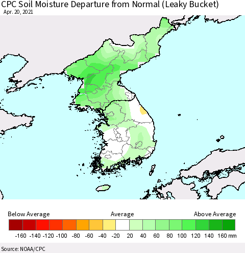 Korea CPC Soil Moisture Departure from Normal (Leaky Bucket) Thematic Map For 4/16/2021 - 4/20/2021