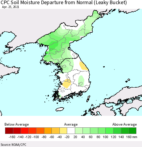 Korea CPC Soil Moisture Departure from Normal (Leaky Bucket) Thematic Map For 4/21/2021 - 4/25/2021