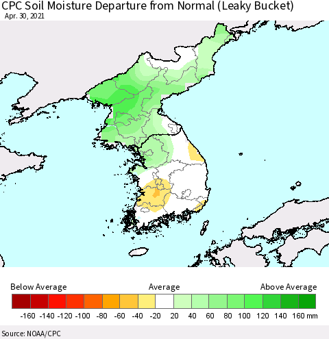 Korea CPC Soil Moisture Departure from Normal (Leaky Bucket) Thematic Map For 4/26/2021 - 4/30/2021