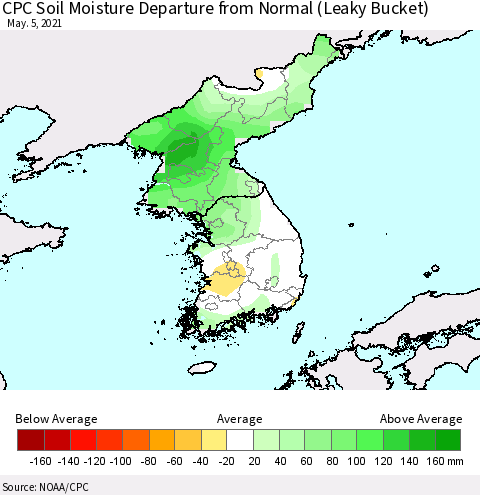 Korea CPC Soil Moisture Departure from Normal (Leaky Bucket) Thematic Map For 5/1/2021 - 5/5/2021
