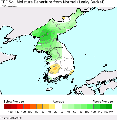Korea CPC Calculated Soil Moisture Anomaly (Leaky Bucket) Thematic Map For 5/6/2021 - 5/10/2021