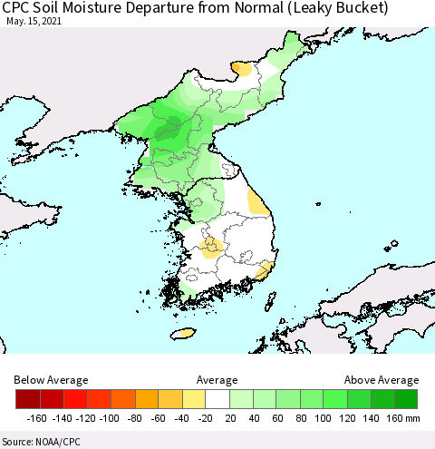 Korea CPC Calculated Soil Moisture Anomaly (Leaky Bucket) Thematic Map For 5/11/2021 - 5/15/2021