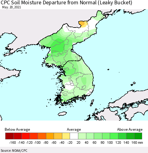 Korea CPC Calculated Soil Moisture Anomaly (Leaky Bucket) Thematic Map For 5/16/2021 - 5/20/2021