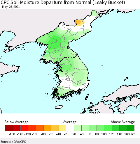 Korea CPC Calculated Soil Moisture Anomaly (Leaky Bucket) Thematic Map For 5/21/2021 - 5/25/2021
