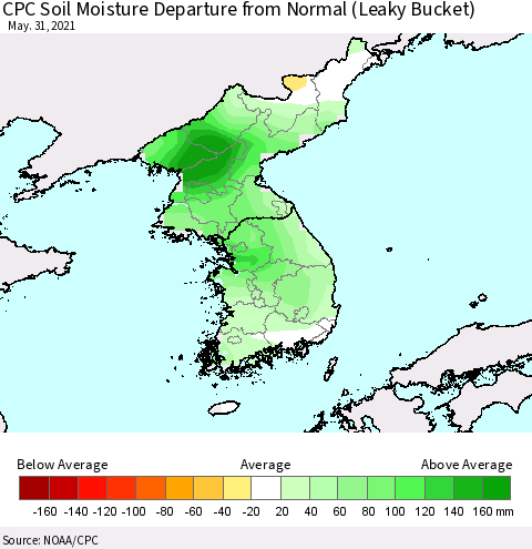 Korea CPC Calculated Soil Moisture Anomaly (Leaky Bucket) Thematic Map For 5/26/2021 - 5/31/2021