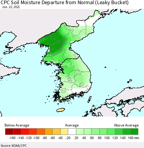Korea CPC Soil Moisture Departure from Normal (Leaky Bucket) Thematic Map For 6/6/2021 - 6/10/2021