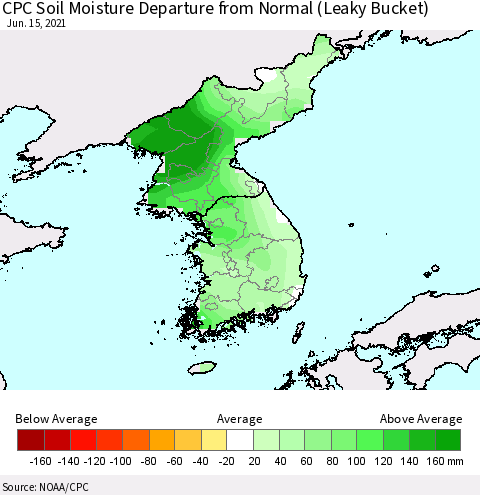 Korea CPC Soil Moisture Departure from Normal (Leaky Bucket) Thematic Map For 6/11/2021 - 6/15/2021