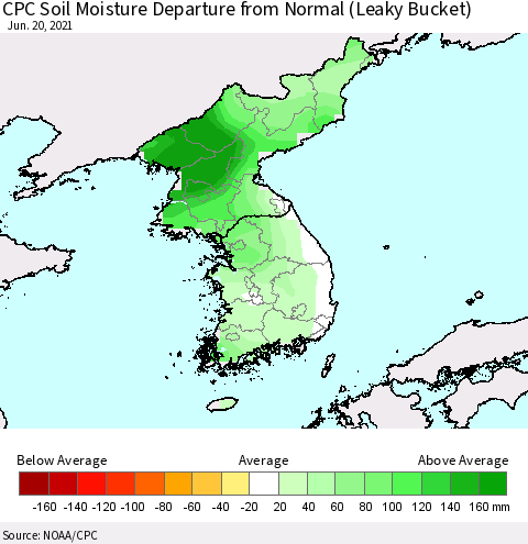 Korea CPC Soil Moisture Departure from Normal (Leaky Bucket) Thematic Map For 6/16/2021 - 6/20/2021