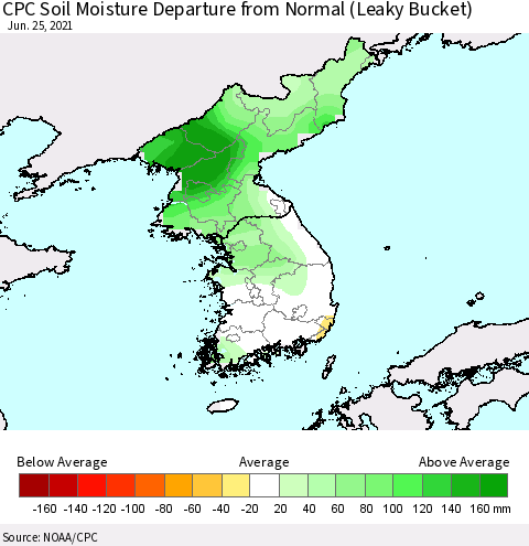 Korea CPC Soil Moisture Departure from Normal (Leaky Bucket) Thematic Map For 6/21/2021 - 6/25/2021