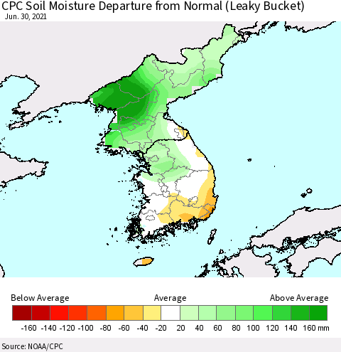 Korea CPC Soil Moisture Departure from Normal (Leaky Bucket) Thematic Map For 6/26/2021 - 6/30/2021