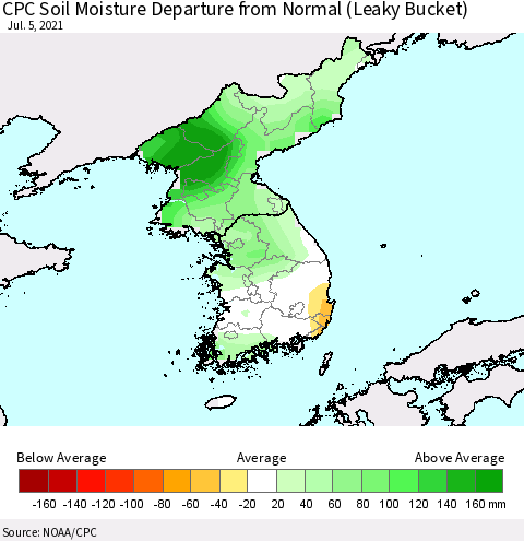 Korea CPC Soil Moisture Departure from Normal (Leaky Bucket) Thematic Map For 7/1/2021 - 7/5/2021