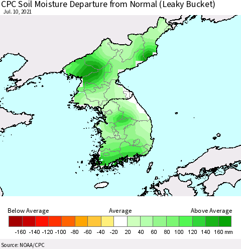 Korea CPC Calculated Soil Moisture Anomaly (Leaky Bucket) Thematic Map For 7/6/2021 - 7/10/2021