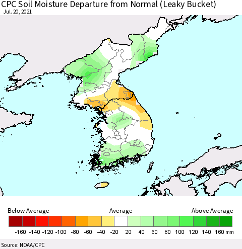 Korea CPC Calculated Soil Moisture Anomaly (Leaky Bucket) Thematic Map For 7/16/2021 - 7/20/2021