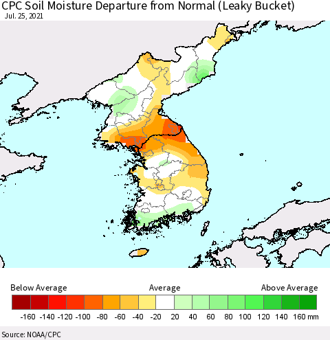 Korea CPC Soil Moisture Departure from Normal (Leaky Bucket) Thematic Map For 7/21/2021 - 7/25/2021