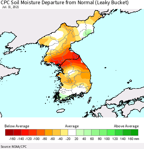 Korea CPC Calculated Soil Moisture Anomaly (Leaky Bucket) Thematic Map For 7/26/2021 - 7/31/2021