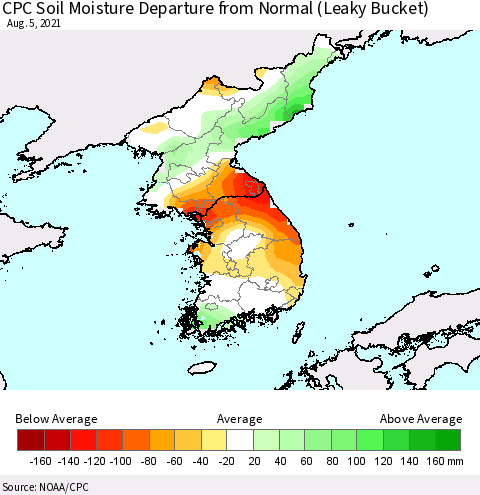 Korea CPC Soil Moisture Departure from Normal (Leaky Bucket) Thematic Map For 8/1/2021 - 8/5/2021