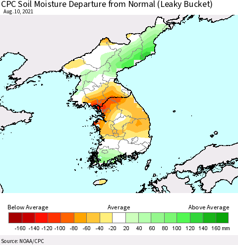 Korea CPC Calculated Soil Moisture Anomaly (Leaky Bucket) Thematic Map For 8/6/2021 - 8/10/2021