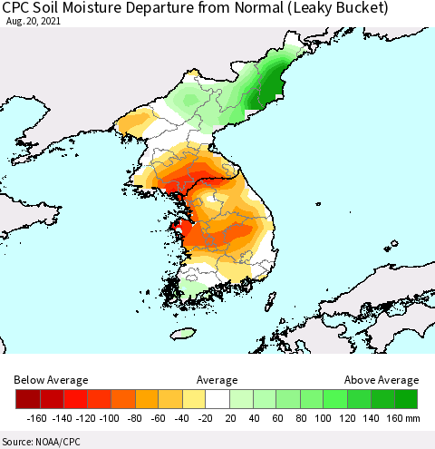 Korea CPC Soil Moisture Departure from Normal (Leaky Bucket) Thematic Map For 8/16/2021 - 8/20/2021