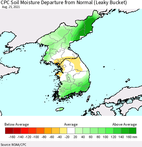 Korea CPC Soil Moisture Departure from Normal (Leaky Bucket) Thematic Map For 8/21/2021 - 8/25/2021