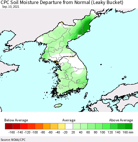 Korea CPC Soil Moisture Departure from Normal (Leaky Bucket) Thematic Map For 9/6/2021 - 9/10/2021
