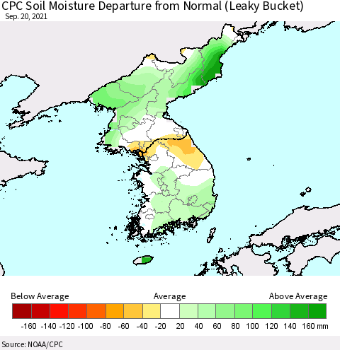 Korea CPC Calculated Soil Moisture Anomaly (Leaky Bucket) Thematic Map For 9/16/2021 - 9/20/2021