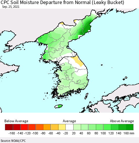 Korea CPC Calculated Soil Moisture Anomaly (Leaky Bucket) Thematic Map For 9/21/2021 - 9/25/2021