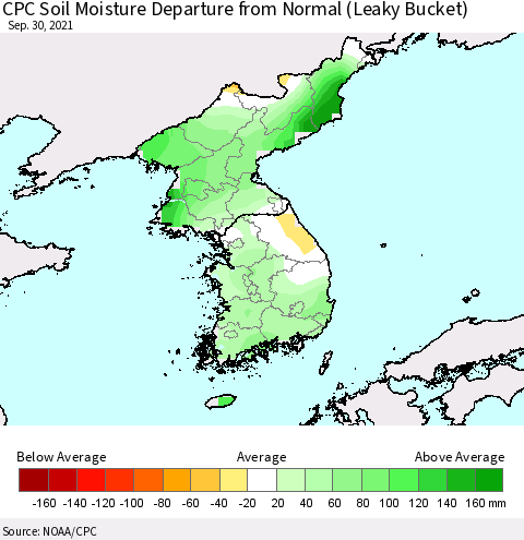 Korea CPC Soil Moisture Departure from Normal (Leaky Bucket) Thematic Map For 9/26/2021 - 9/30/2021
