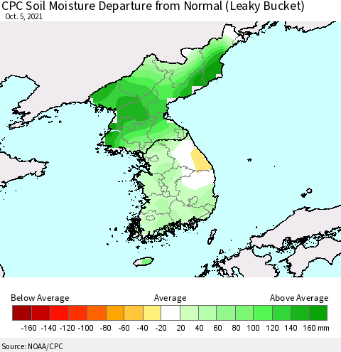 Korea CPC Soil Moisture Departure from Normal (Leaky Bucket) Thematic Map For 10/1/2021 - 10/5/2021