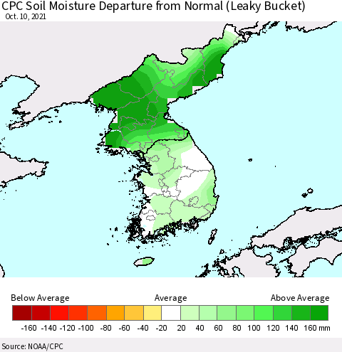 Korea CPC Calculated Soil Moisture Anomaly (Leaky Bucket) Thematic Map For 10/6/2021 - 10/10/2021