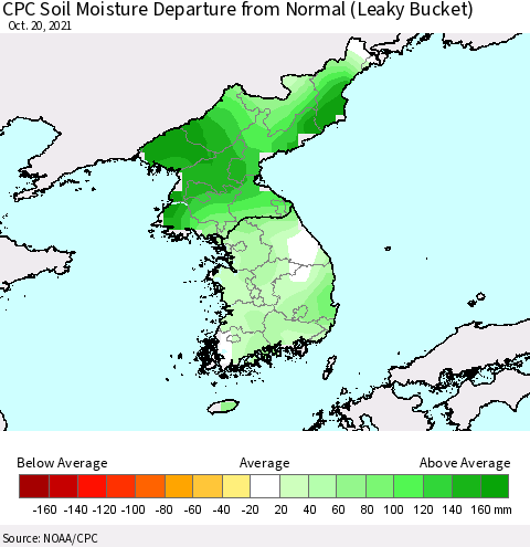 Korea CPC Calculated Soil Moisture Anomaly (Leaky Bucket) Thematic Map For 10/16/2021 - 10/20/2021