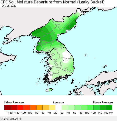 Korea CPC Soil Moisture Departure from Normal (Leaky Bucket) Thematic Map For 10/21/2021 - 10/25/2021