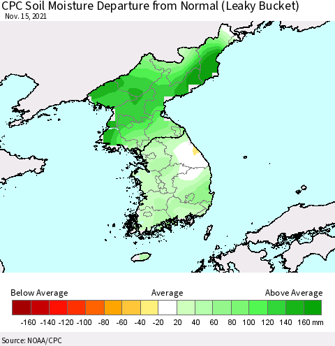 Korea CPC Soil Moisture Departure from Normal (Leaky Bucket) Thematic Map For 11/11/2021 - 11/15/2021