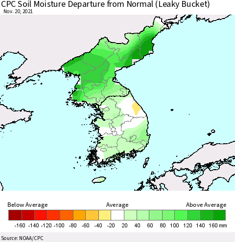 Korea CPC Calculated Soil Moisture Anomaly (Leaky Bucket) Thematic Map For 11/16/2021 - 11/20/2021