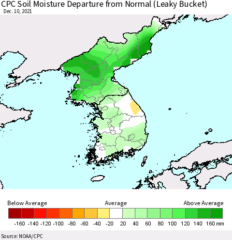 Korea CPC Soil Moisture Departure from Normal (Leaky Bucket) Thematic Map For 12/6/2021 - 12/10/2021