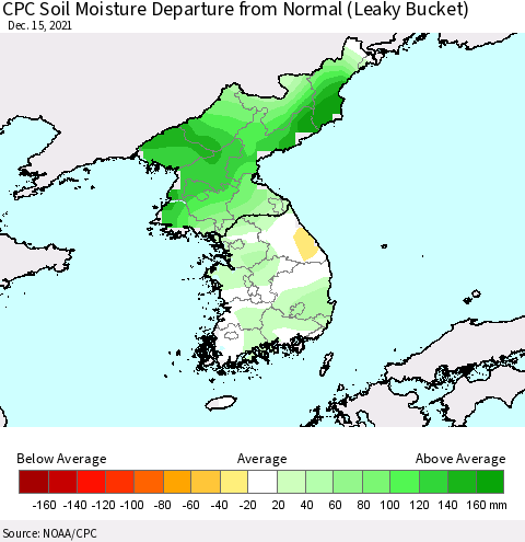 Korea CPC Soil Moisture Departure from Normal (Leaky Bucket) Thematic Map For 12/11/2021 - 12/15/2021