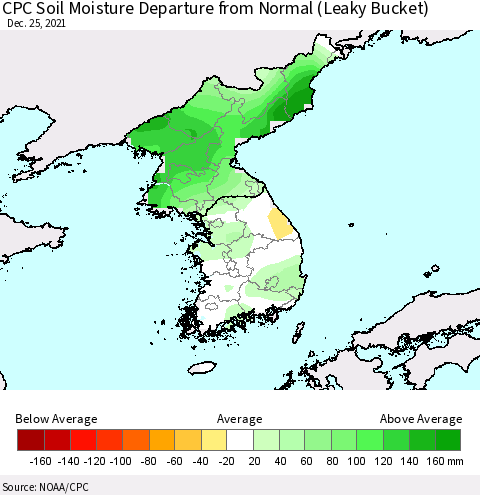 Korea CPC Soil Moisture Departure from Normal (Leaky Bucket) Thematic Map For 12/21/2021 - 12/25/2021