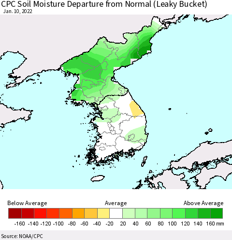 Korea CPC Soil Moisture Departure from Normal (Leaky Bucket) Thematic Map For 1/6/2022 - 1/10/2022