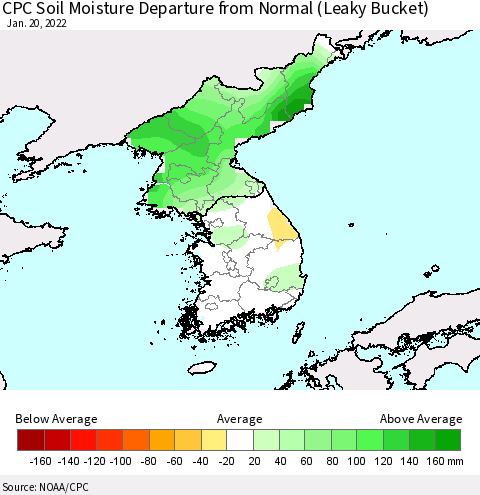 Korea CPC Soil Moisture Departure from Normal (Leaky Bucket) Thematic Map For 1/16/2022 - 1/20/2022