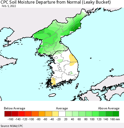 Korea CPC Soil Moisture Departure from Normal (Leaky Bucket) Thematic Map For 2/1/2022 - 2/5/2022