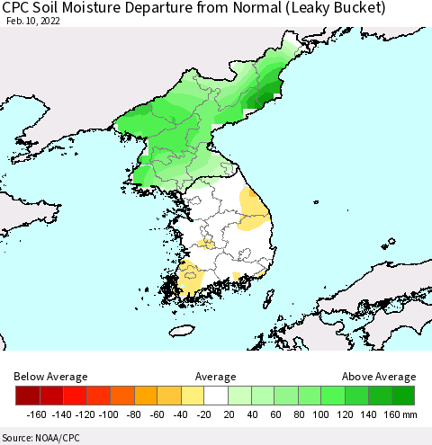 Korea CPC Soil Moisture Departure from Normal (Leaky Bucket) Thematic Map For 2/6/2022 - 2/10/2022