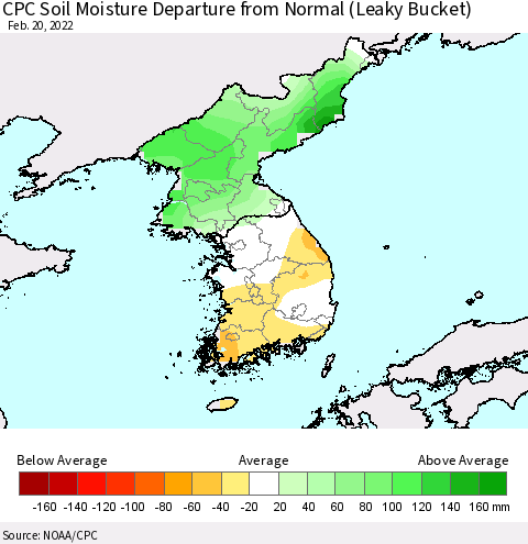 Korea CPC Soil Moisture Departure from Normal (Leaky Bucket) Thematic Map For 2/16/2022 - 2/20/2022