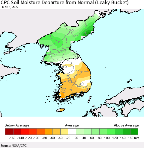 Korea CPC Soil Moisture Departure from Normal (Leaky Bucket) Thematic Map For 3/1/2022 - 3/5/2022