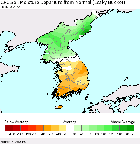 Korea CPC Soil Moisture Departure from Normal (Leaky Bucket) Thematic Map For 3/6/2022 - 3/10/2022