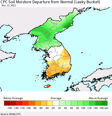 Korea CPC Calculated Soil Moisture Anomaly (Leaky Bucket) Thematic Map For 3/11/2022 - 3/15/2022