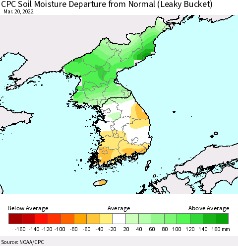 Korea CPC Soil Moisture Departure from Normal (Leaky Bucket) Thematic Map For 3/16/2022 - 3/20/2022